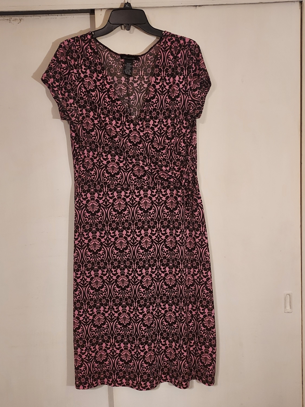 Roulette Damask Faux-Wrap Cap Sleeve Midi Dress Pink Black Size Large